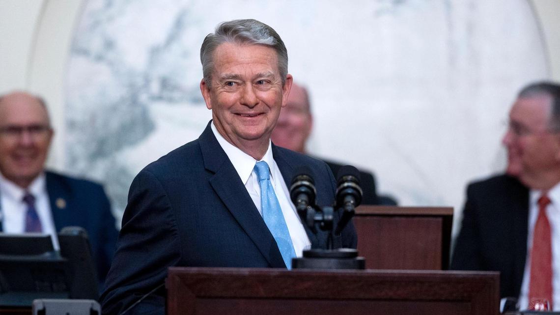 Gov. Brad Little addresses the Idaho Legislature with his annual State of the State speech on Jan. 9, 2023. Little signed a bill that bans private and public employers from requiring COVID-19 vaccines as a condition of employment.
