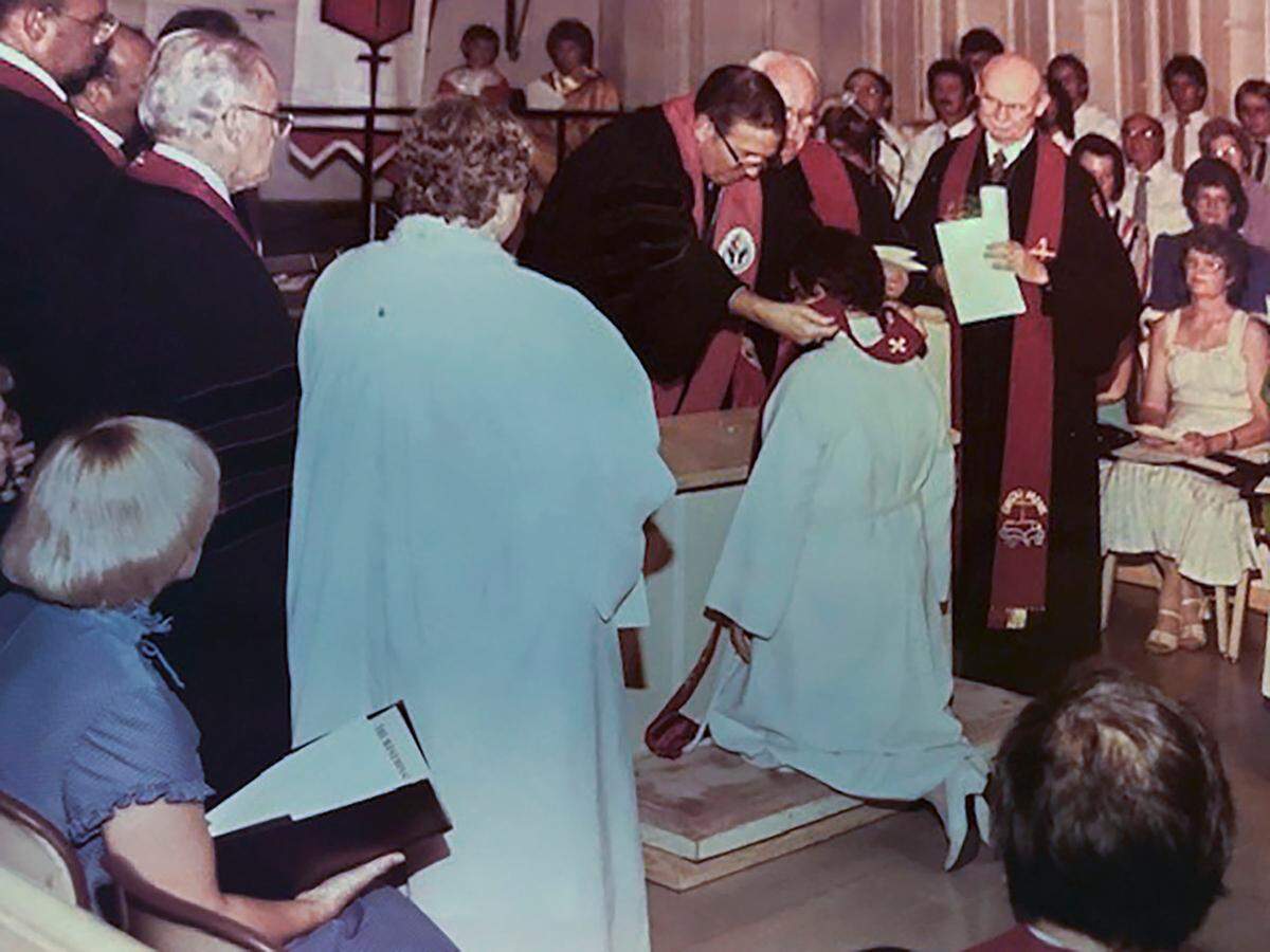 A photo captures the service during which Leontine Kelly became the first Black female Methodist bishop.