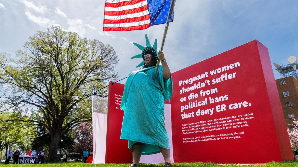Jamie Richmond, Boise, dressed as a pregnant Statue of Liberty during an April 2024 rally at the Idaho Statehouse to support access to emergency abortion. The case, which went before the U.S. Supreme Court in April, is again before the 9th Circuit Court of Appeals, where judges questioned if the Trump administration will continue the lawsuit filed by the federal government.