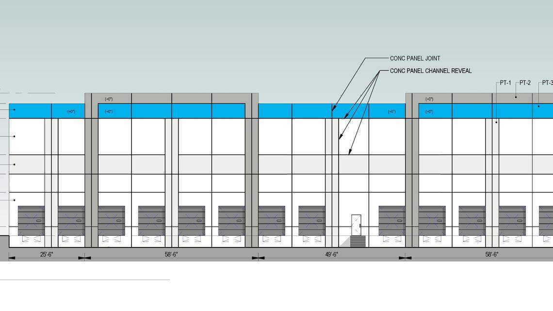 An architect’s schematic of the south-facing side of the Amazon delivery station to be built at 2316 W. Franklin Road, Meridian. This view shows loading docks, where trucks will offload goods for later delivery, on the building’s north side facing Franklin.