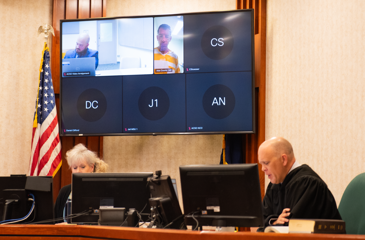 Ross Wardlaw, top middle, appeared in court July 10. He’s accused of stabbing 25-year-old Jordan Harbst to death on the Boise River Greenbelt.