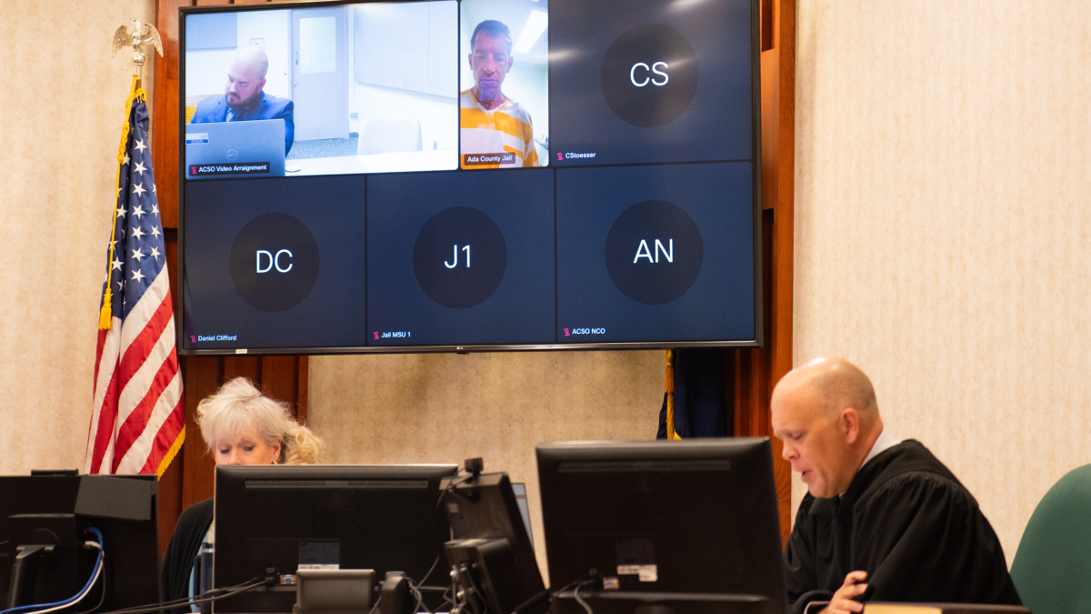 Ross Wardlaw, top middle, appeared in court on July 10. He’s accused of stabbing 25-year-old Jordan Harbst to death on the Boise River Greenbelt.