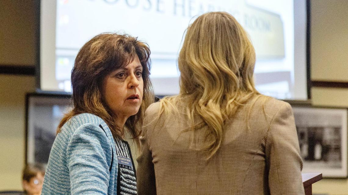 Stanley Republican Rep. Dorothy Moon, left, and Eagle Republican Rep. Gayann DeMordaunt speak at a committee meeting Tuesday, March 1, 2022, as sponsors of a bill that would have created scholarships to use for private grade schools. Lawmakers held the bill Tuesday.