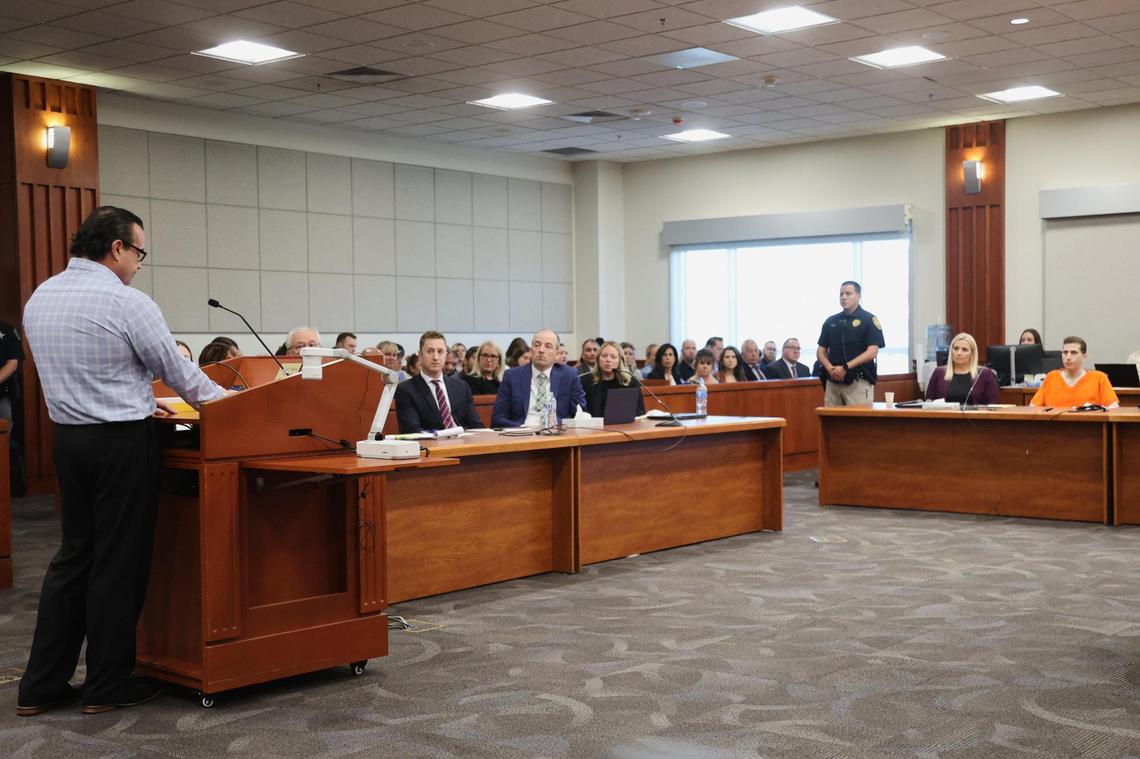 Steve Goncalves, left, father of victim Kaylee Goncalves, addresses Bryan Kohberger, the man who admitted to killing his daughter and her three friends, during his sentencing hearing in July. Kohberger is serving four consecutive life sentences in prison with no chance of parole.