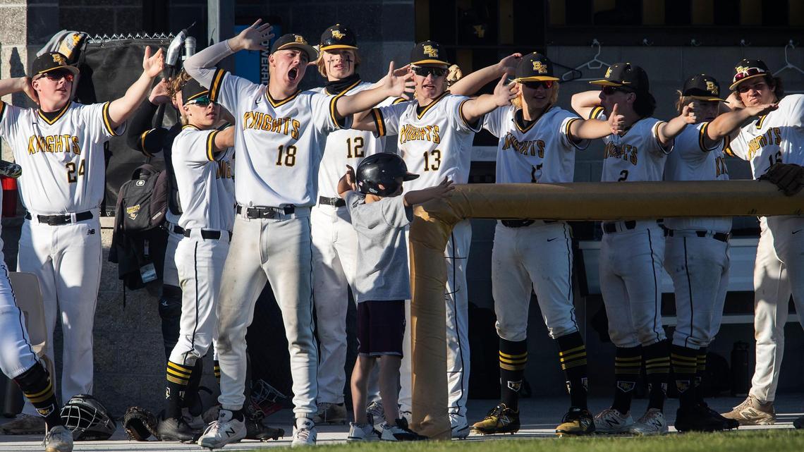 Bishop Kelly players get loud from the dugout as the Knights take on the Columbia Wildcats in the 4A state semifinals at Bishop Kelly on Friday.