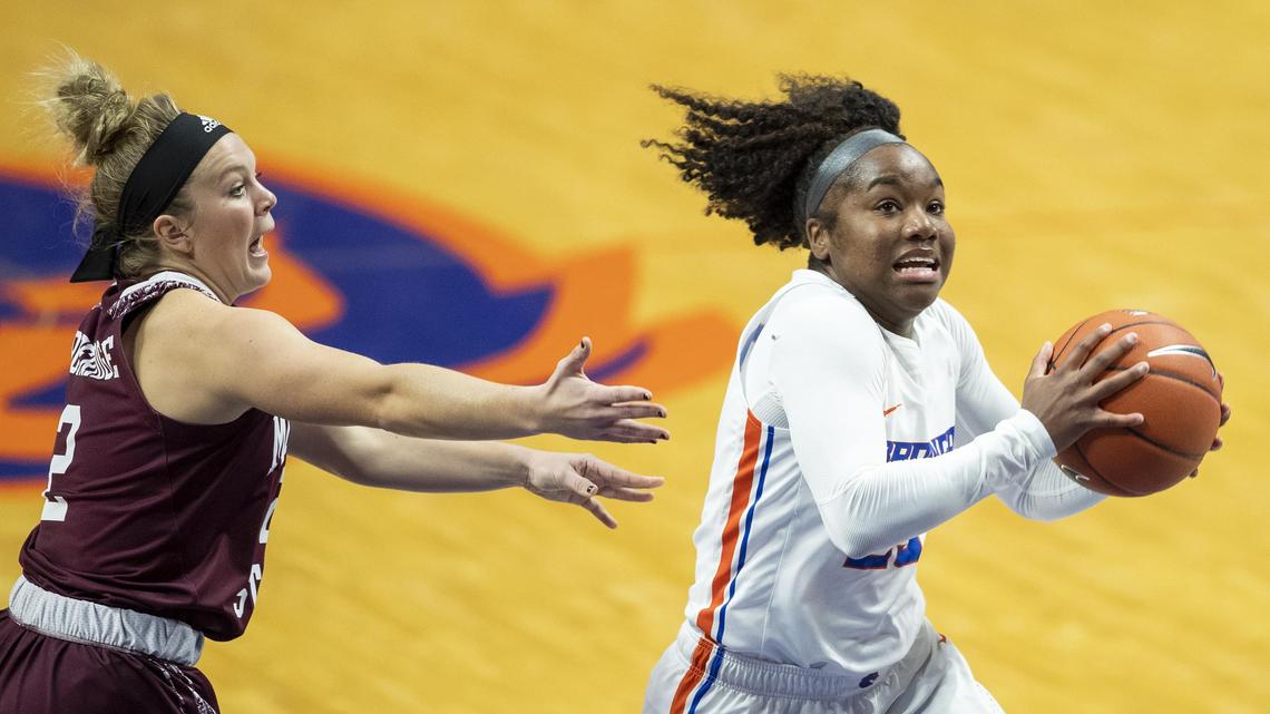 Boise State guard Jayde Christopher flies by Missouri State’s Elle Ruffridge on a drive in the third quarter of the Broncos’ Preseason WNIT quarterfinal game Nov. 10, 2019, at ExtraMile Arena in Boise. Ch