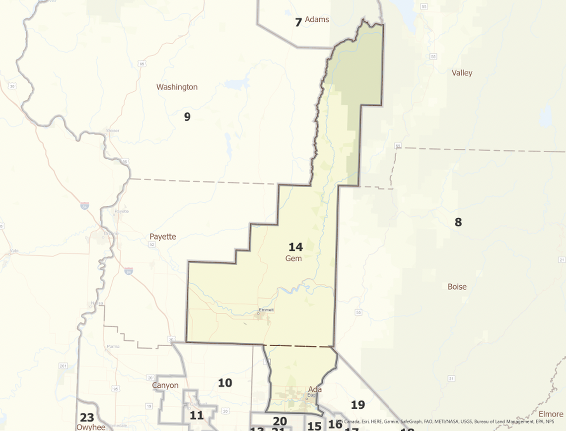 A map of Legislative District 9, which encompasses a portion of Ada County and all of Gem County.