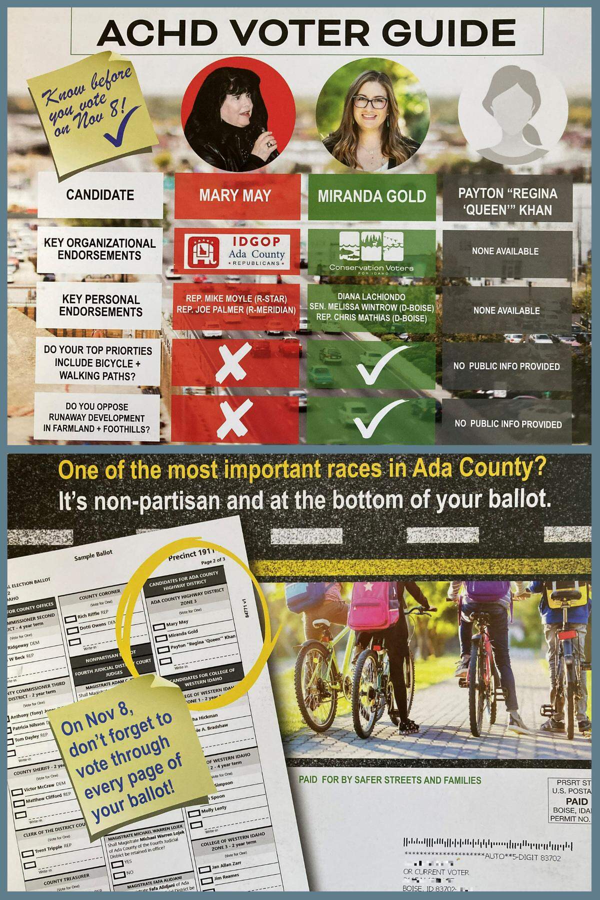 A flyer mailed by a new PAC, Safer Streets and Families, to Ada County voters in early November 2022 shortly before an election to fill the Ada County Highway District’s Zone 3 seat. Incumbent Mary May, whom the PAC opposed in an earlier mailing, was challenged by Miranda Gold, who later won the election.