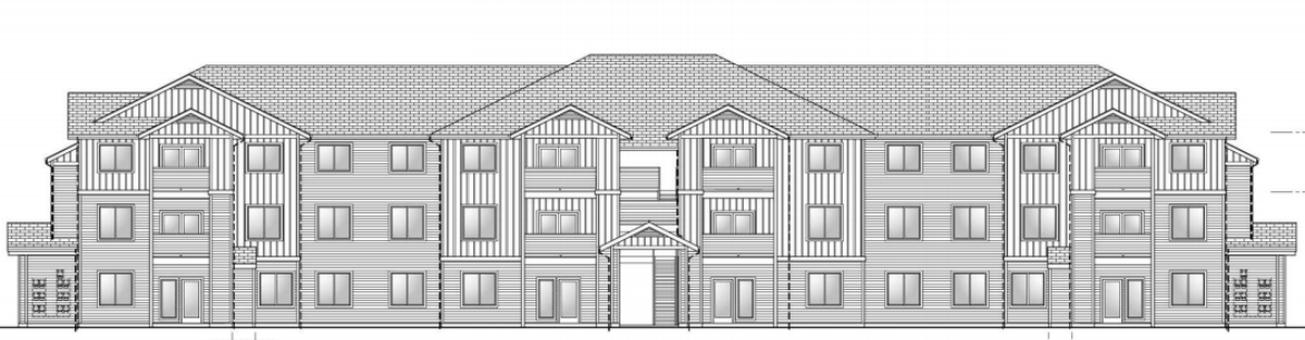 Drawing of a three-story apartment building that’s part of an 86-unit complex being built at West Fairview Avenue and North Dawn Place. Each of the three-story buildings will have 24 units each. Three other buildings, with two stories, will have eight apartments each.