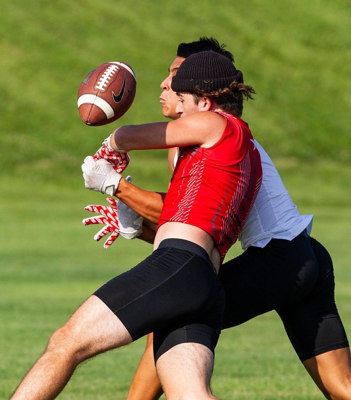 Owyhee’s Austin Belvoir breaks up a pass during the Famous Idaho Potato Bowl 7-on-7 Tournament on Friday. Belvoir is one of five seniors who opted to join the Storm this summer.