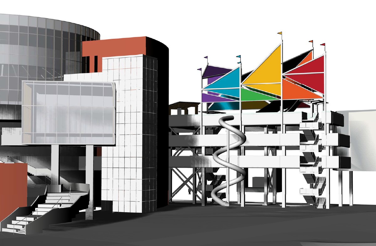 The canopy under installation at JUMP is planned to have colorful sails.
