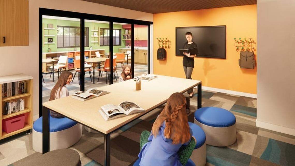 This rendering shows a storage room that would be turned into a classroom in the basement.