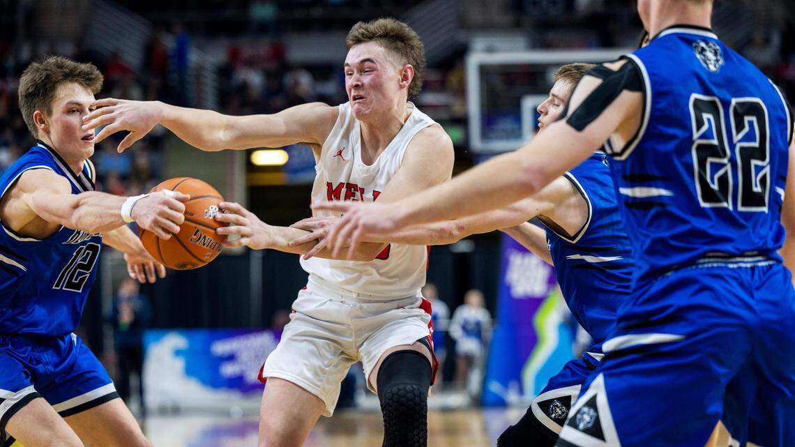 Melba’s Tucker Lowber loses the ball to Bear Lake’s Bryson Crane, left, in the second half of the 2A boys basketball championship game Saturday at the Ford Idaho Center. Bear Lake upset Melba 55-44, snapping the Mustangs’ 40-game winning streak.