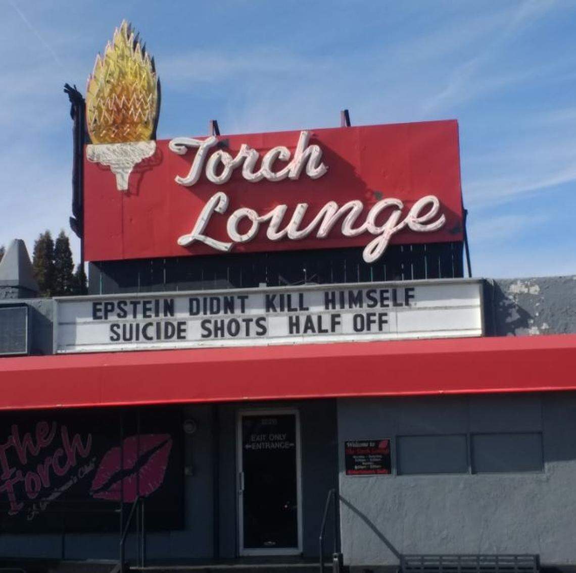 The Torch Lounge added a line about “Suicide shots” to the Epstein meme.