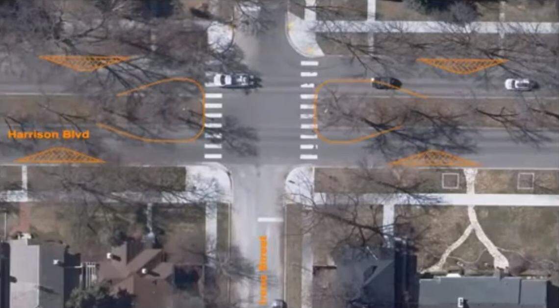 A graphic from ACHD shows how a chicane may direct traffic along Harrison Boulevard.