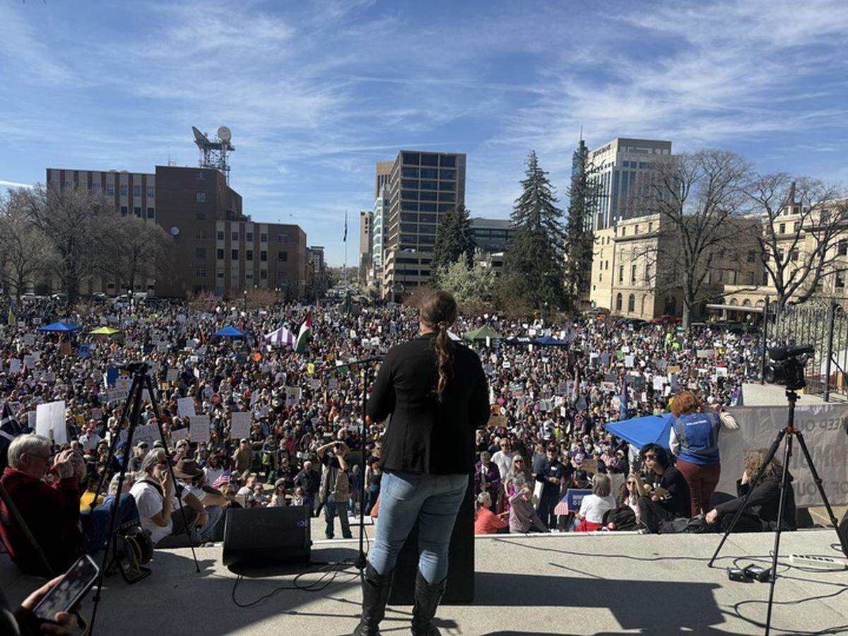Democratic gubernatorial candidate Maxine Durand was one of several speakers to talk about Idaho’s so-called “bathroom bill” at Saturday’s No Kings event. 