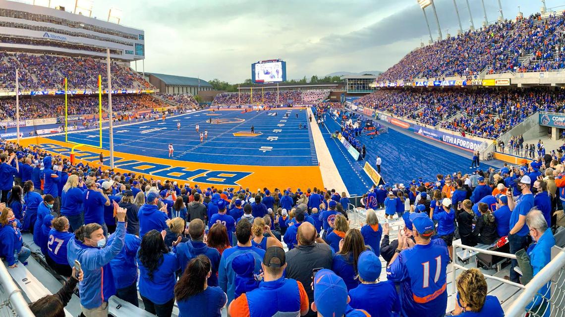 Boise State fans await the start of the Broncos’ football game against Oklahoma State at Albertsons Stadium in September 2021. The Mountain West will eliminate its two divisions.