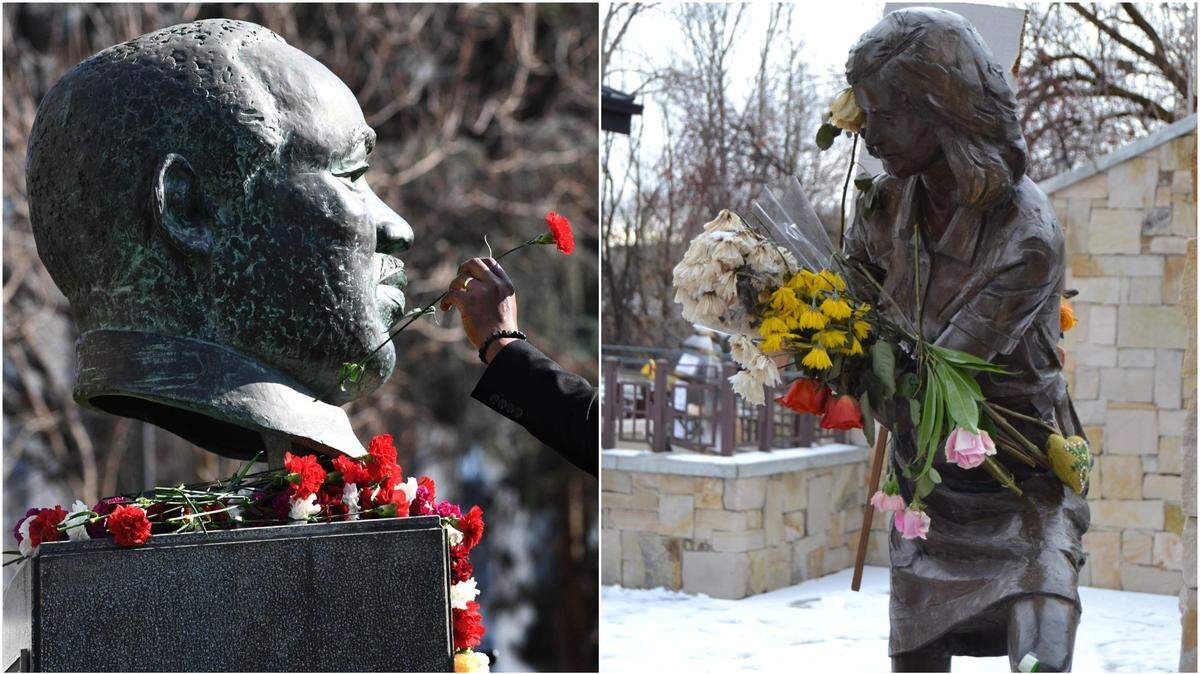 A bust of Martin Luther King Jr. in Fresno, California, left, and the statue of Anne Frank at the Anne Frank Memorial in Boise.