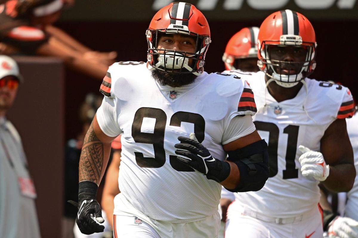 Cleveland Browns defensive tackle Tommy Togiai, a graduate of Highland High in Pocatello, is introduced before an NFL football game against the New York Giants on Aug. 22 in Cleveland. Togiai made the Browns’ 53-man roster.
