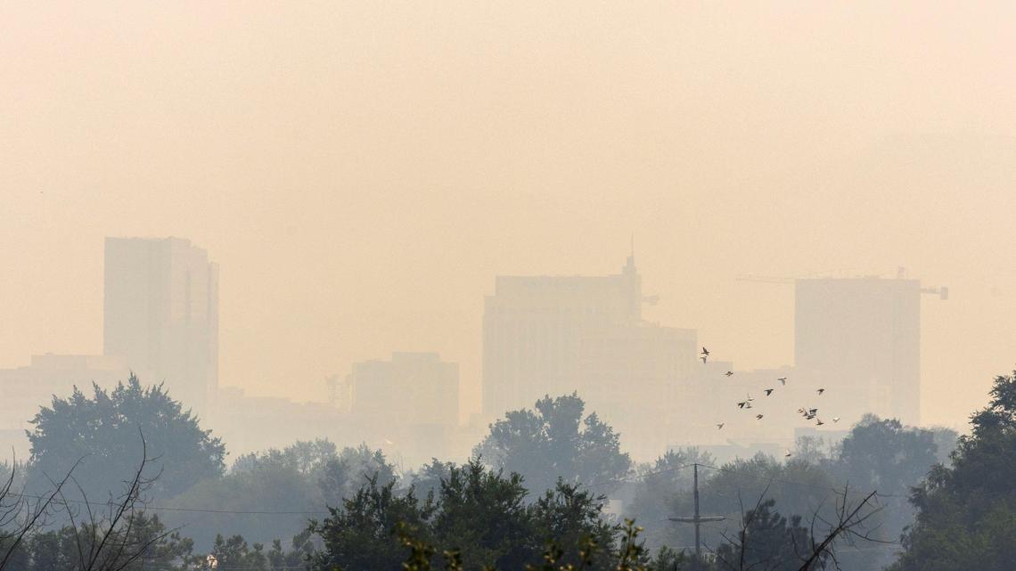 The downtown Boise skyline was barely visible amid the wildfire smoke in early August.