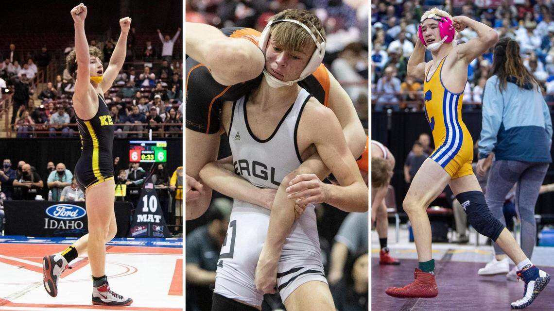 Bishop Kelly’s Christopher Martino, left, Eagle’s Tanner Frothinger, center, and Caldwell’s Hunter Bidelman all enter the Idaho state wrestling tournament as the No. 1 seed in their weight class.