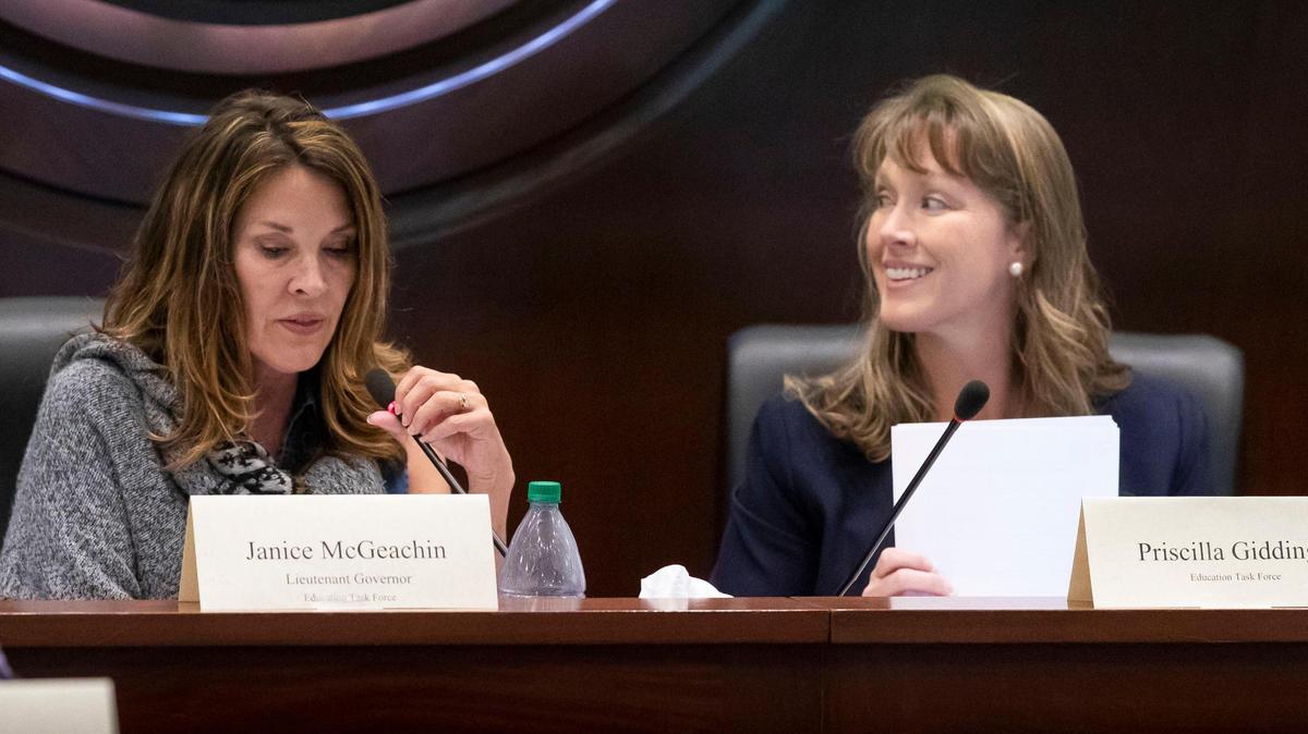An education task force formed by Idaho Lt. Gov. Janice McGeachin, left, and chaired by Rep. Priscilla Giddings, R-White Bird, convened for the second time Thursday in the Lincoln Auditorium at the Idaho Statehouse.