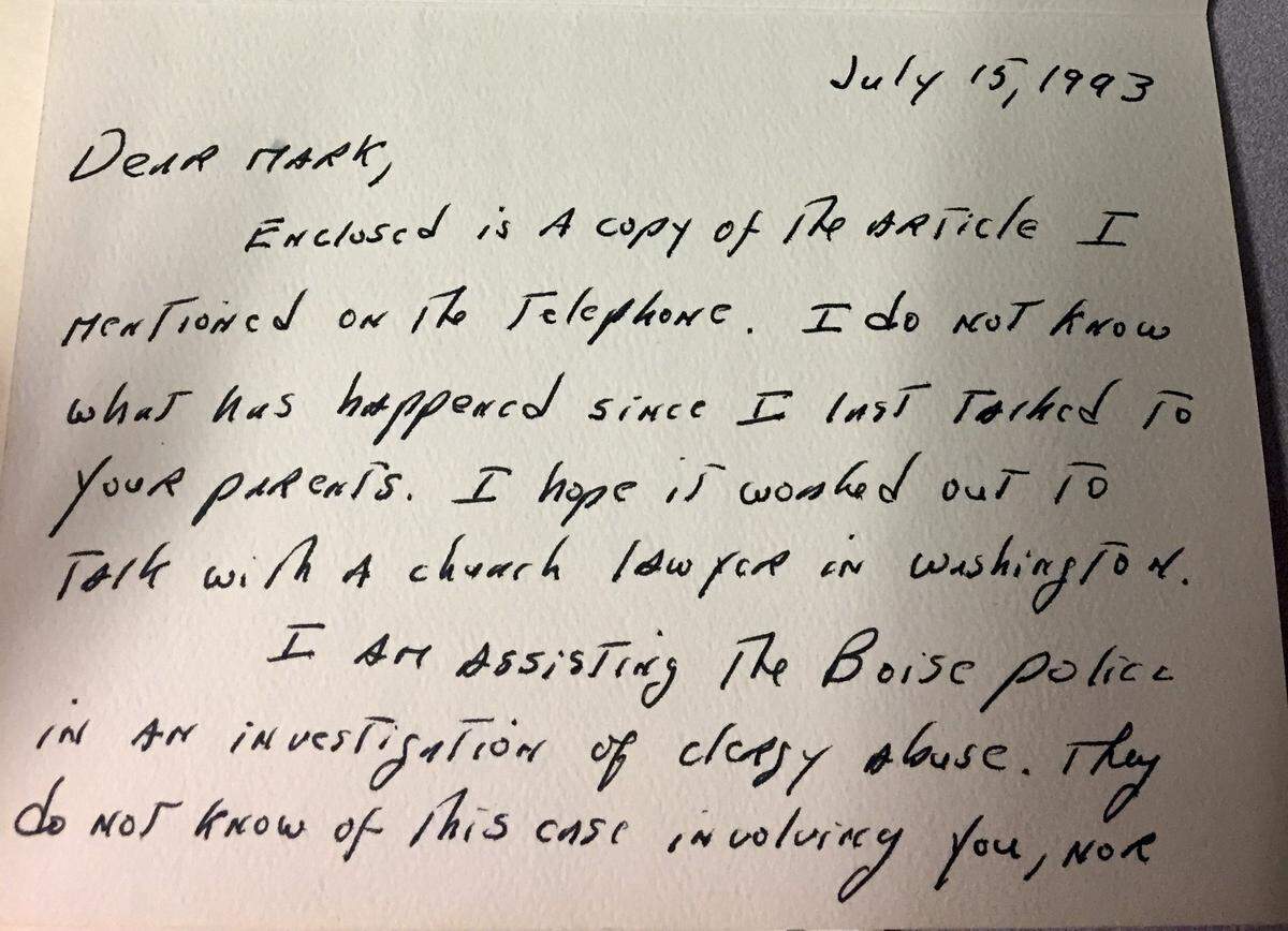 A letter to Mark Holden from the Rev. Thomas Faucher on July 15, 1993. Another priest abused Holden in the 1970s, when he was a boy at Sacred Heart Catholic Church in Boise. In this letter, Faucher encouraged Holden to contact police.