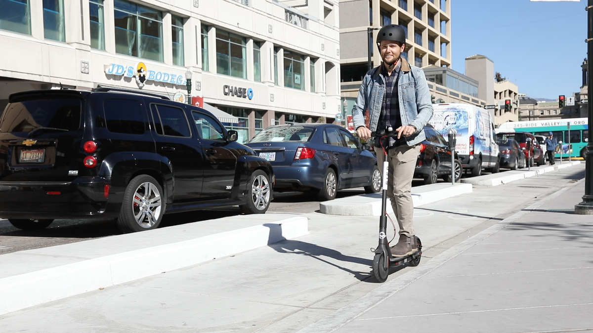 A man rides a Bird e-scooter in front of Boise City Hall during the first of three days of education and training that Bird and a competitor, Lime, offered before launching here in 2018. This year, Boise decided to award an exclusive contract to vendor Lime.