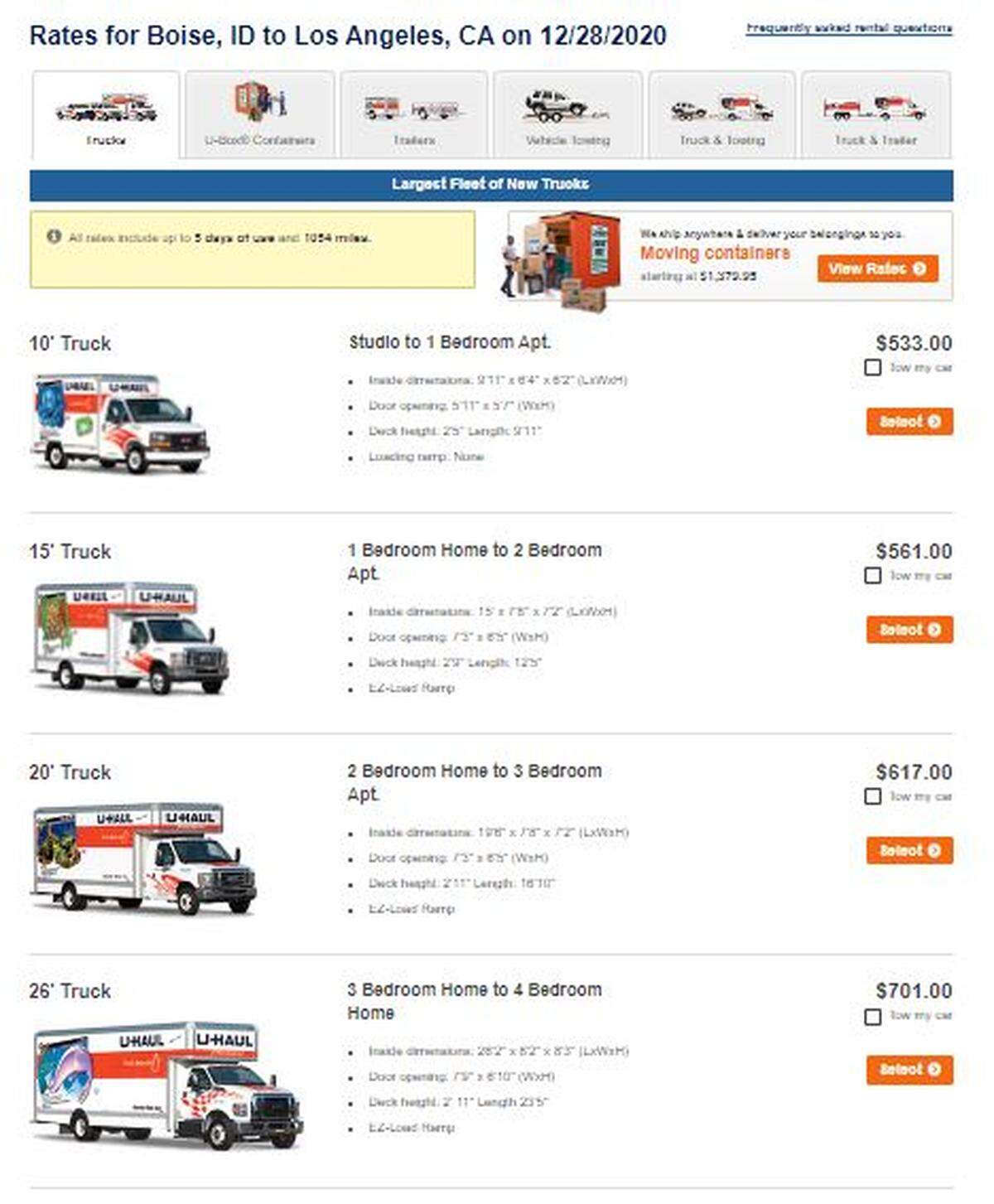 Truck rental prices from Boise to Los Angeles or other California cities cost signifiantly less than those headed in the opposite direction. Supply and demand drives prices, as more people are leaving California than moving there.