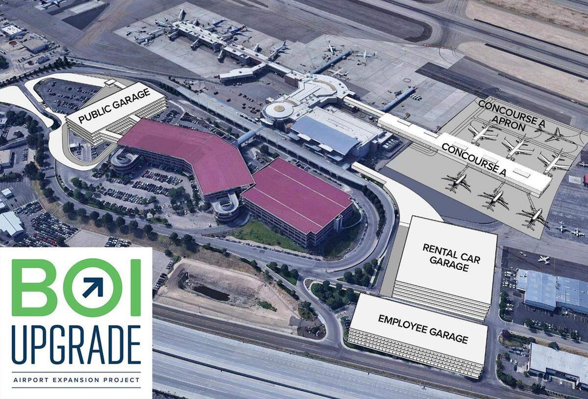 The Boise Airport has been working to complete several expansions in the next few years. A planned employee parking lot, bottom right, will be delayed because of the sharp decline in air traffic caused by the coronavirus.