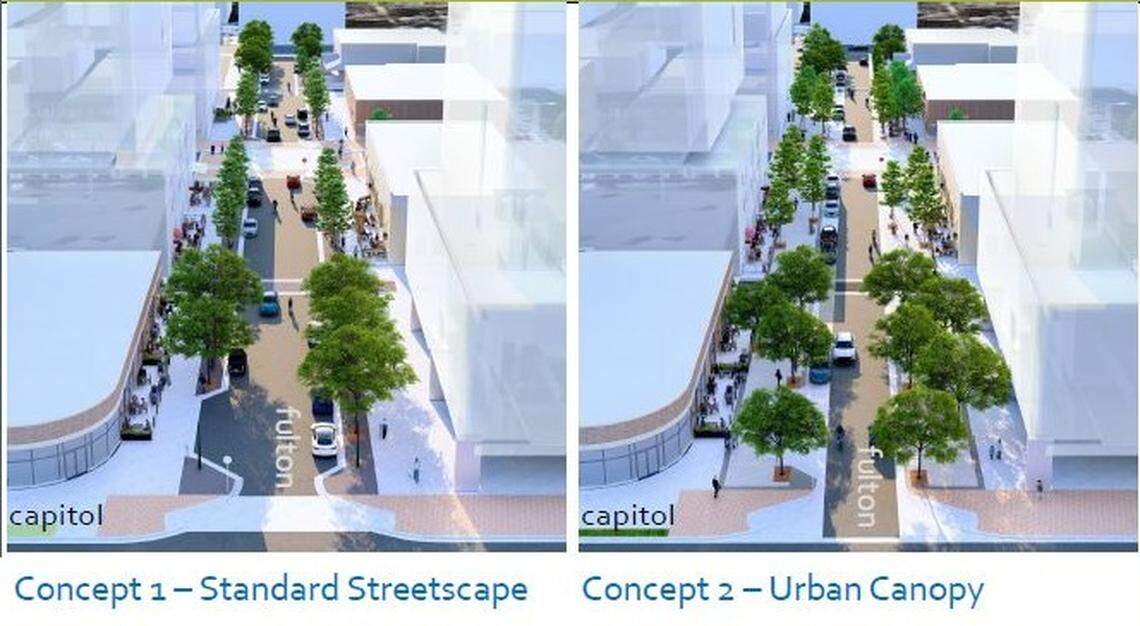 These renderings show a potential future view looking west from the intersection of South Capitol Boulevard and West Fulton Street. Both show possible upgrades to West Fulton Street. The rendering on the left features more on-street parking and less sidewalk space compared with the rendering on the right.