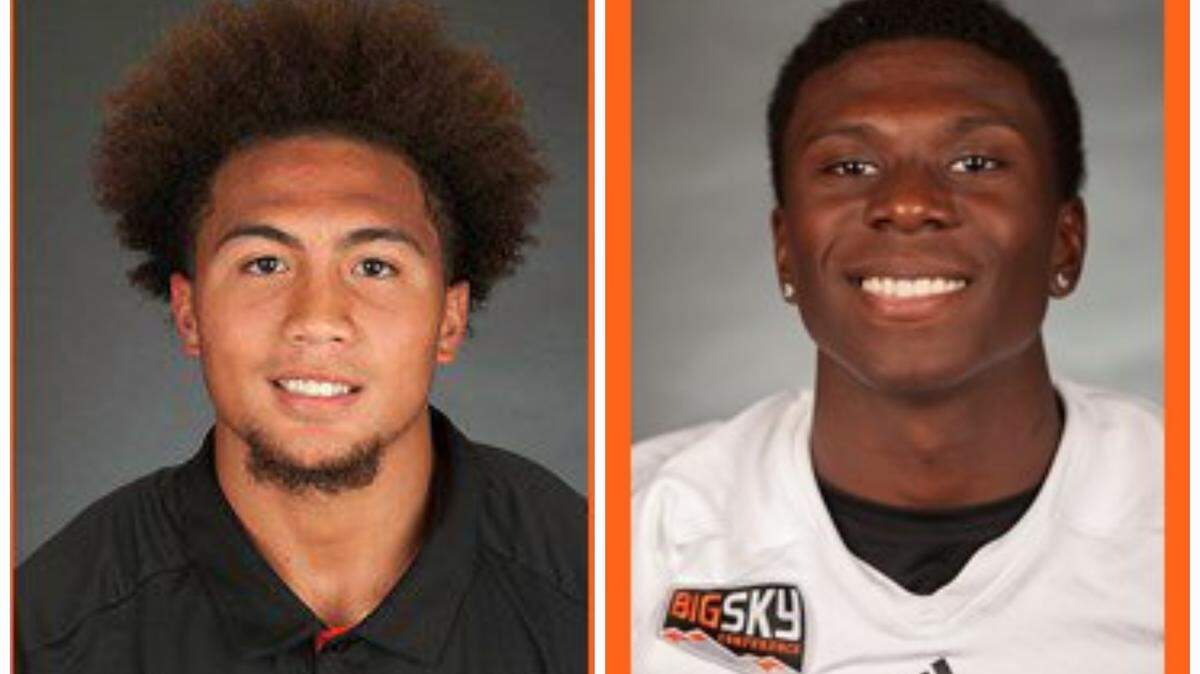 Two Idaho State University football players, Nehemiah McFarlin, left, and Atoatasi Fox, right, are suing Idaho and Utah law enforcement agencies claiming they were illegally detained, arrested and then spent more than 24 hours in police custody after being accused of robbing an Idaho bank.