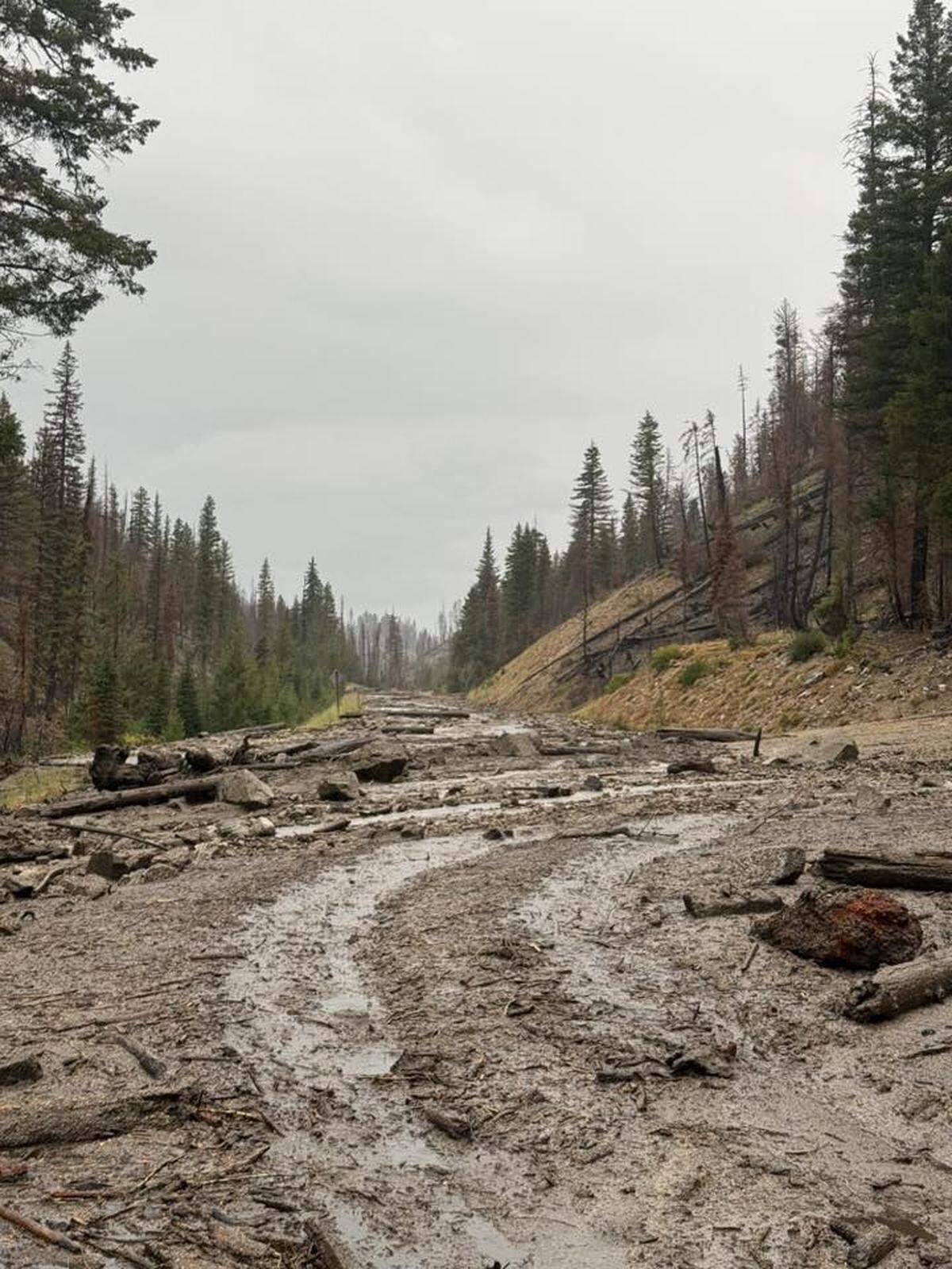 Idaho 21 just north of Grandjean was damaged in a mudslide in late August&nbsp;2025