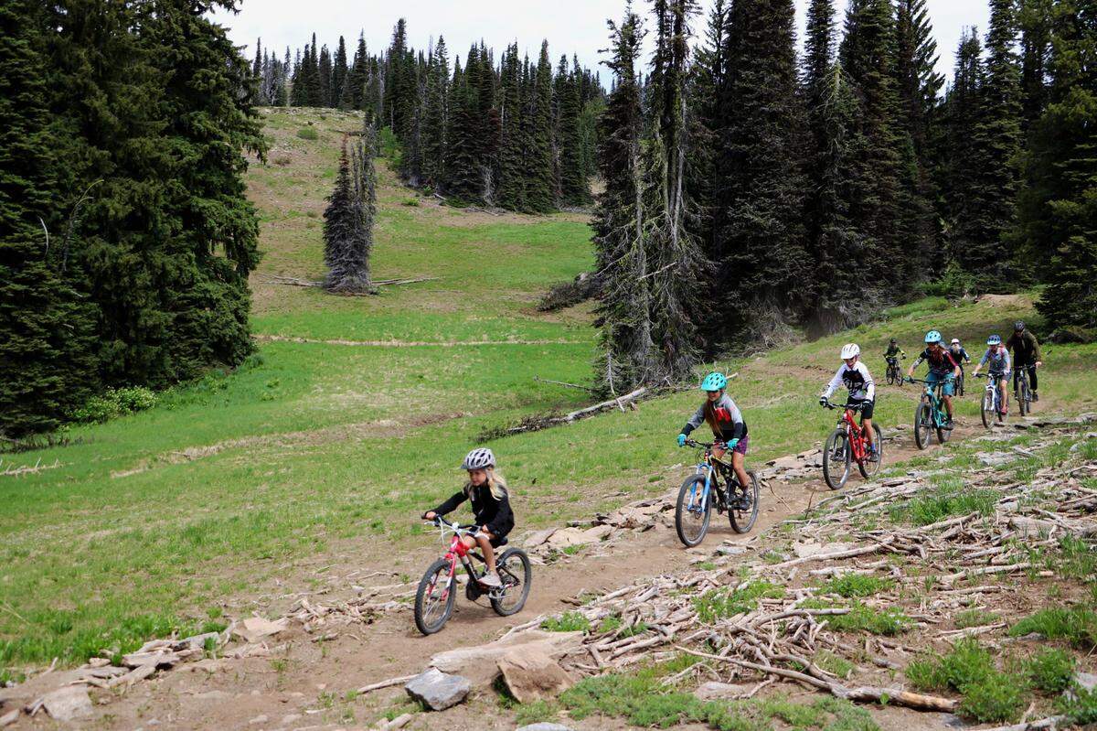 Mountain bikers ride Lakeview Vista Trail at Brundage Mountain, the McCall ski resort. The resort and Payette Lake attract both visitors and new homeowners to central Idaho.