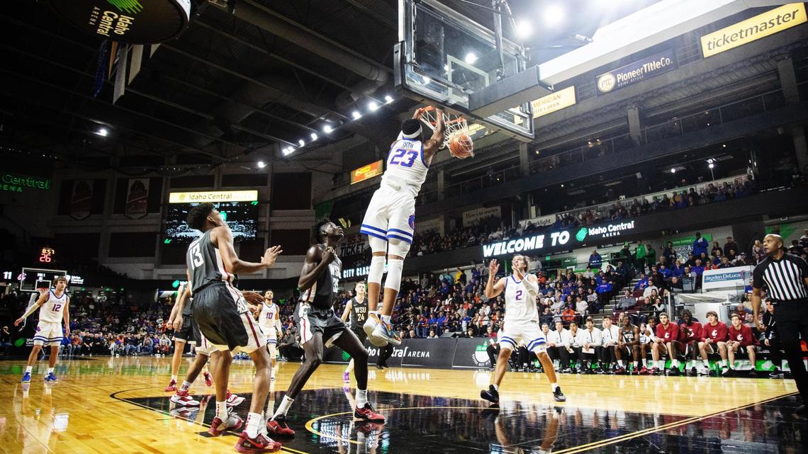 Boise State’s Naje Smith scores in the first half of the Capital City Classic against Washington State on Saturday at Idaho Central Arena in Boise.