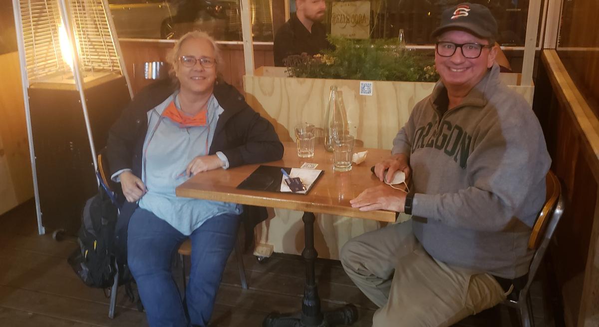 Statesman reporter John Sowell and his girlfriend, Kristy Serratos, enjoy a dinner outside at Sotto Mare, an Italian restaurant in San Francisco’s North Beach neighborhood. Partitions separated diners at tables set out on the street. Masks were required before eating and drinking.