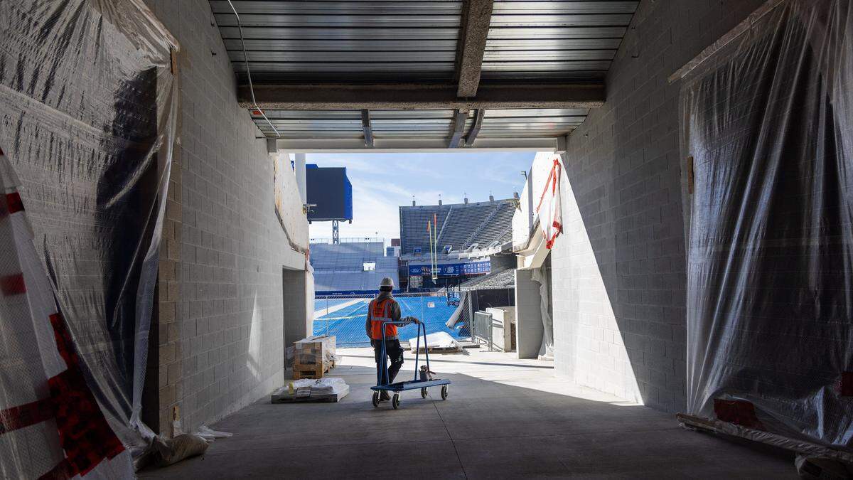 A tunnel entering Boise State University's North End Zone at Albertsons Stadium can accommodate large trucks necessary for special events such as concerts.