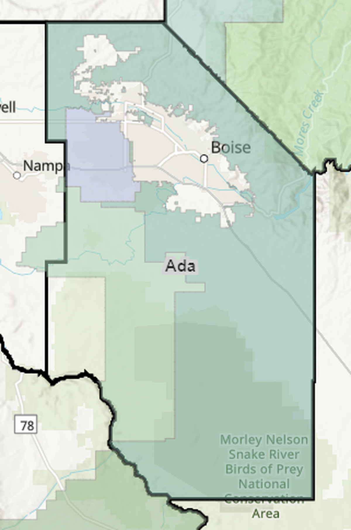 This map roughly shows the boundaries for Ada County library districts hosting board of trustee elections May 16. Ada Community Libraries is dark green, Kuna Library District is light green and Meridian Library District is blue. 