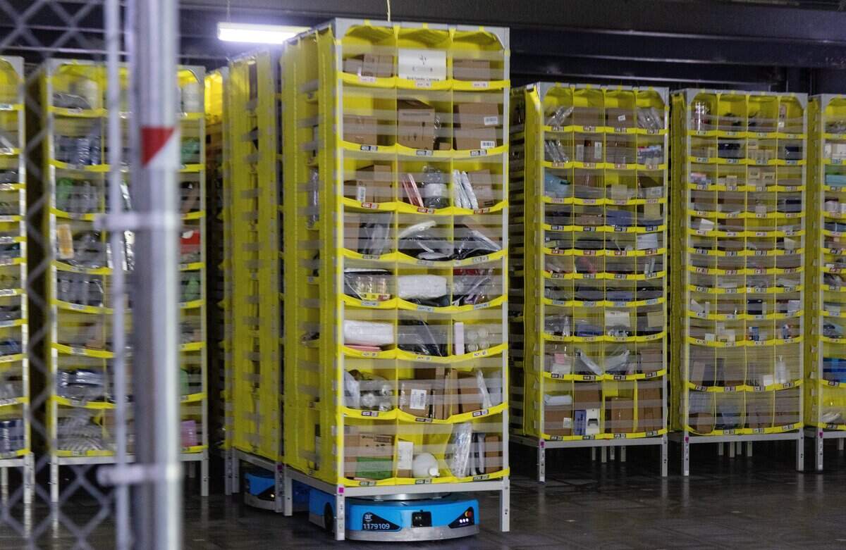 Robotic shelves move inventory of ordered items at the Amazon Nampa Fulfillment Center, Thursday, June 25, 2026.