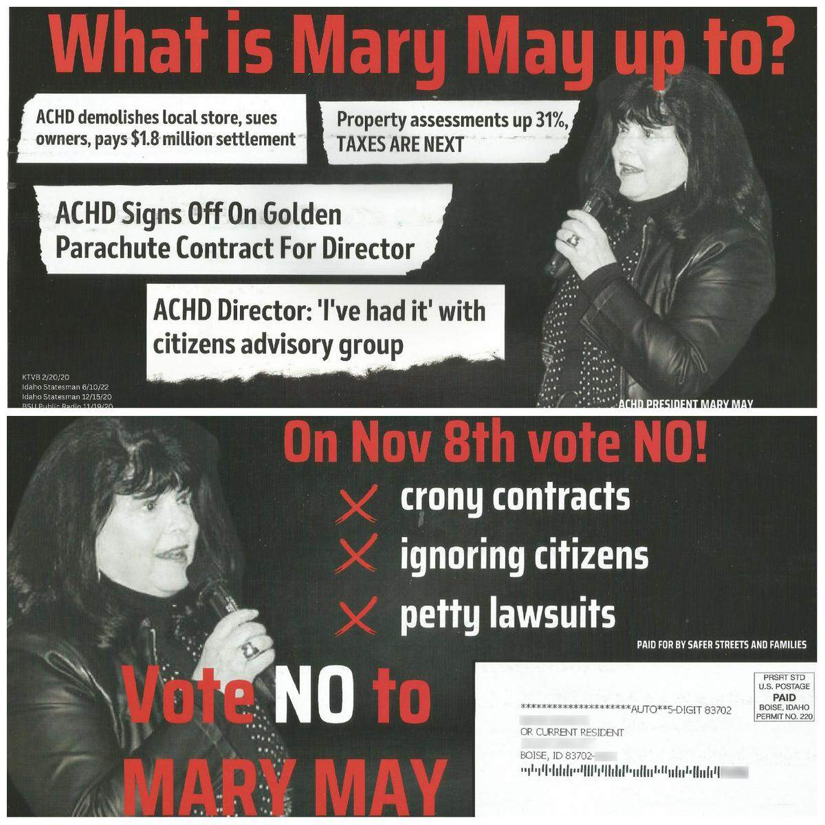 Mary May called the mailer “fear mongering.” She did not know who was responsible for sending it.