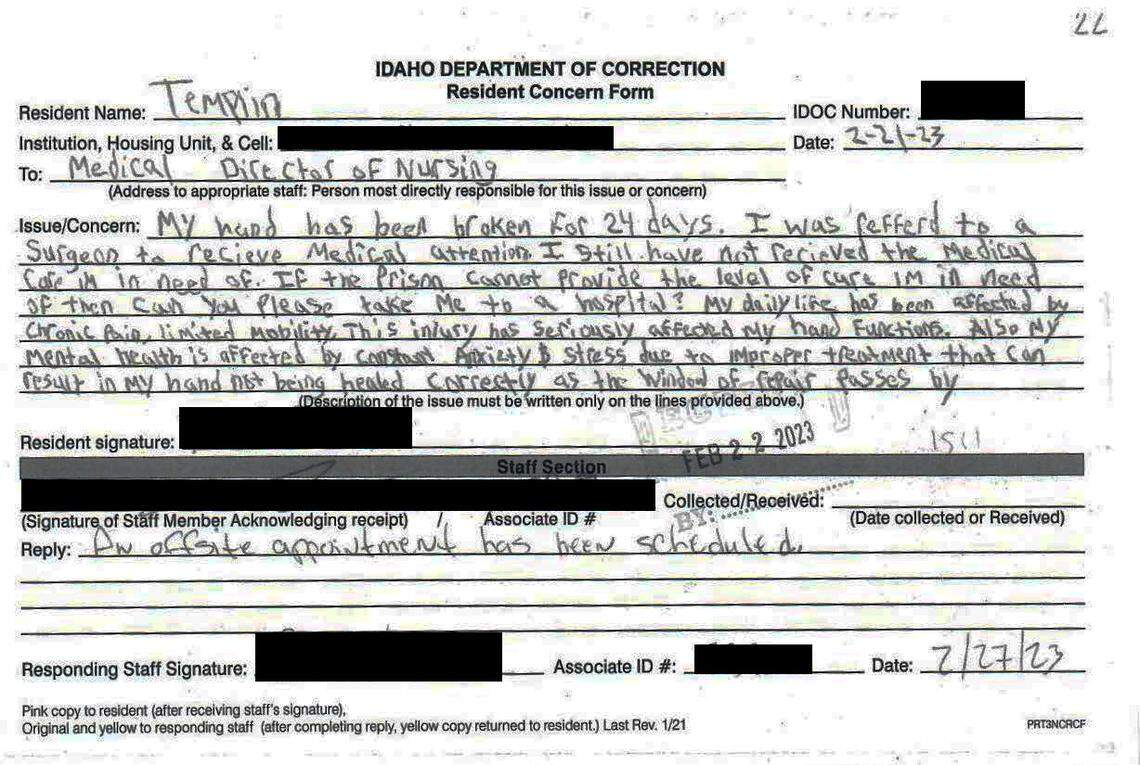 A response from a Centurion Health employee to Bobby Templin informing him he’d been scheduled for an off-site appointment after he submitted a resident concern form asking why he hadn’t been taken to an orthopedic surgeon.