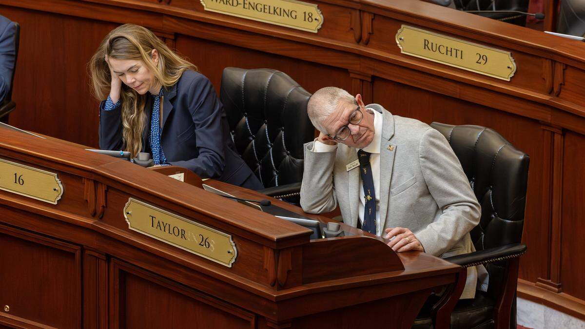 Sen. Alison Rabe, left, and Sen. Ron Taylor, right, attend the session at the Idaho Capitol, Thursday, April 2, 2026.