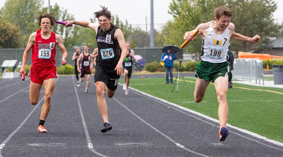 Borah anchor Nathan Green finishes in first place, with Rocky Mountain’s John Efraimson and Boise’s Liam Murray in second and third, respectively, in the 5A boys 4x400 relay Saturday, May 22, 2021, at Eagle High School.