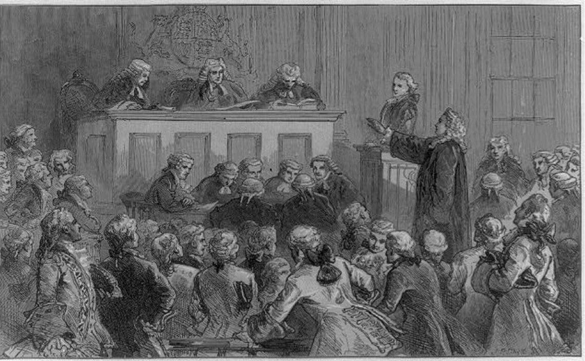 This print from a wood engraving shows Andrew Hamilton defending John Peter Zenger in court, 1734-5. The caption reads, “‘By no means,’ exclaimed Hamilton, in his clear, thrilling, silvery voice, ‘It is not the bar — printing and publishing a paper that will make it a libel — the words themselves must be libelous, that is, false, scandalous, and seditious, else my client is not guilty.’”