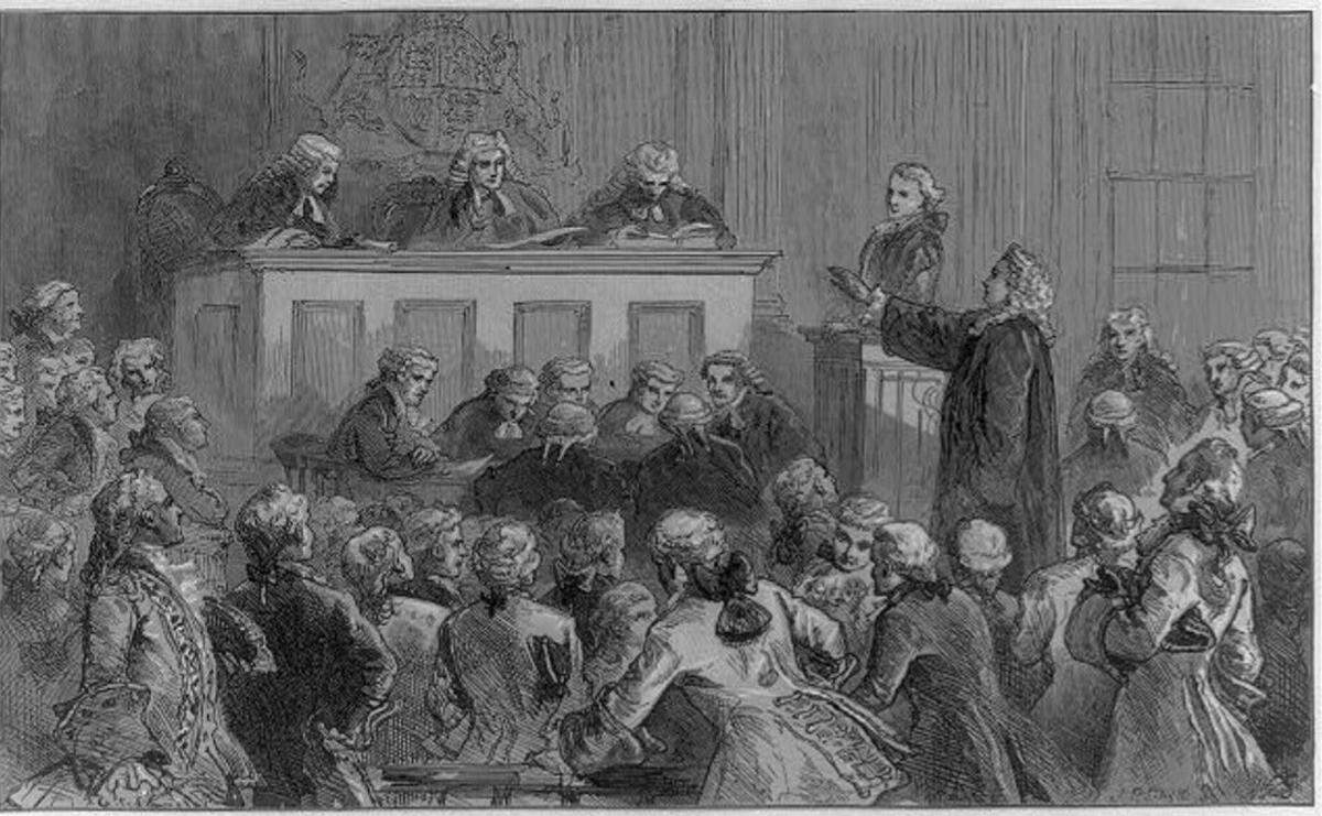 This print from a wood engraving shows Andrew Hamilton defending John Peter Zenger in court, 1734-5. The caption reads, “‘By no means,’ exclaimed Hamilton, in his clear, thrilling, silvery voice, ‘It is not the bar — printing and publishing a paper that will make it a libel — the words themselves must be libelous, that is, false, scandalous, and seditious, else my client is not guilty.’”