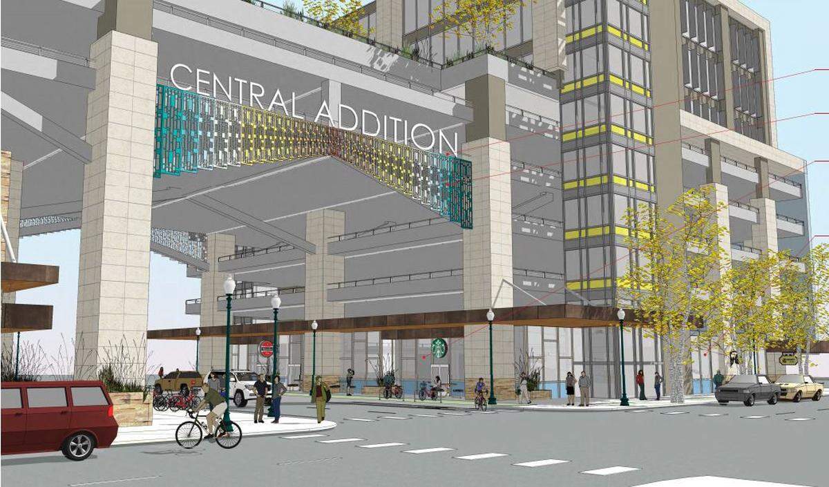 This artist’s rendering shows the latest version of Boise developer Scot Ludwig’s plan for two condo-and-parking buildings linked by a sky bridge over Broad Street in Downtown Boise’s Central Addition neighborhood. This view is from the northwest.