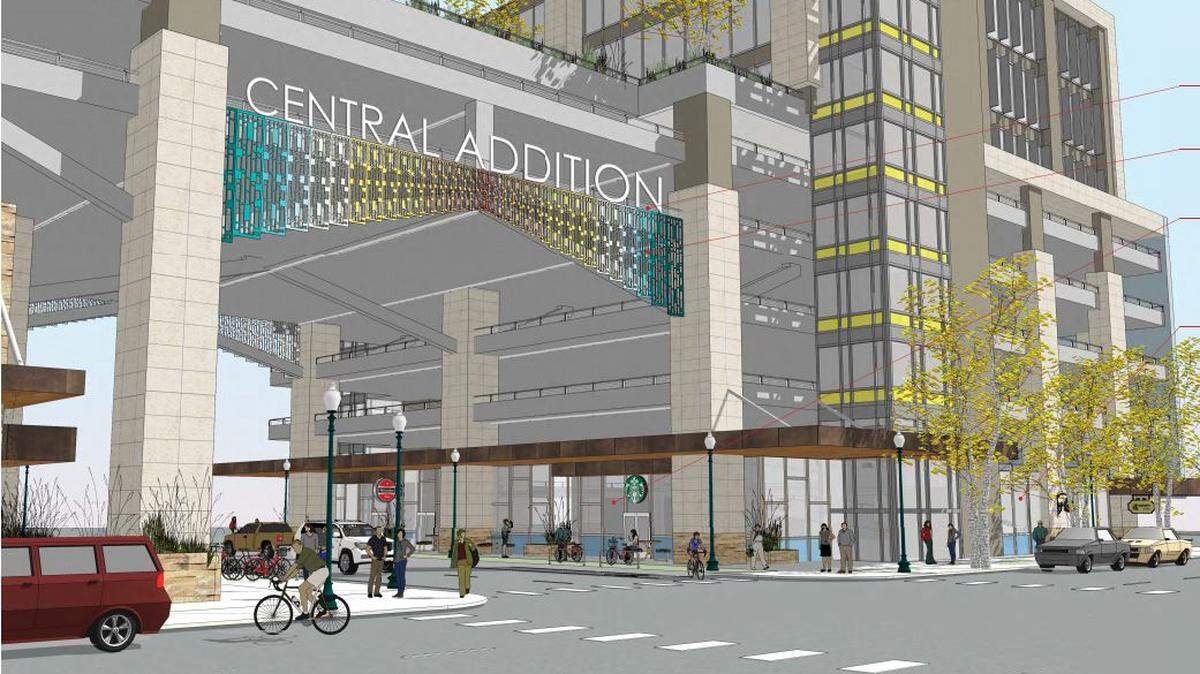 This artist’s rendering shows the latest version of Boise developer Scot Ludwig’s plan for two condo-and-parking buildings linked by a sky bridge over Broad Street in Downtown Boise’s Central Addition neighborhood. This view is from the northwest.