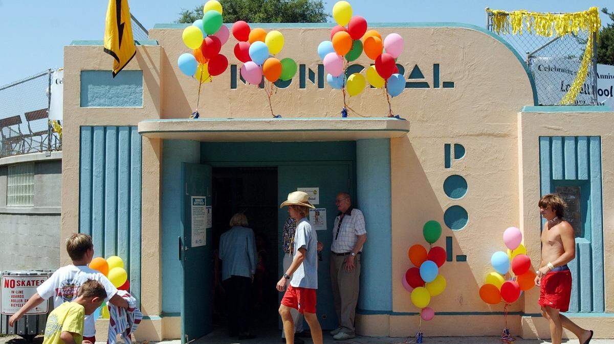 The 50th anniversary of Lowell Pool was celebrated in 2003. The front of the pool is designed in the art deco style. City officials say Lowell and South pools need millions of dollars in repairs to reopen.