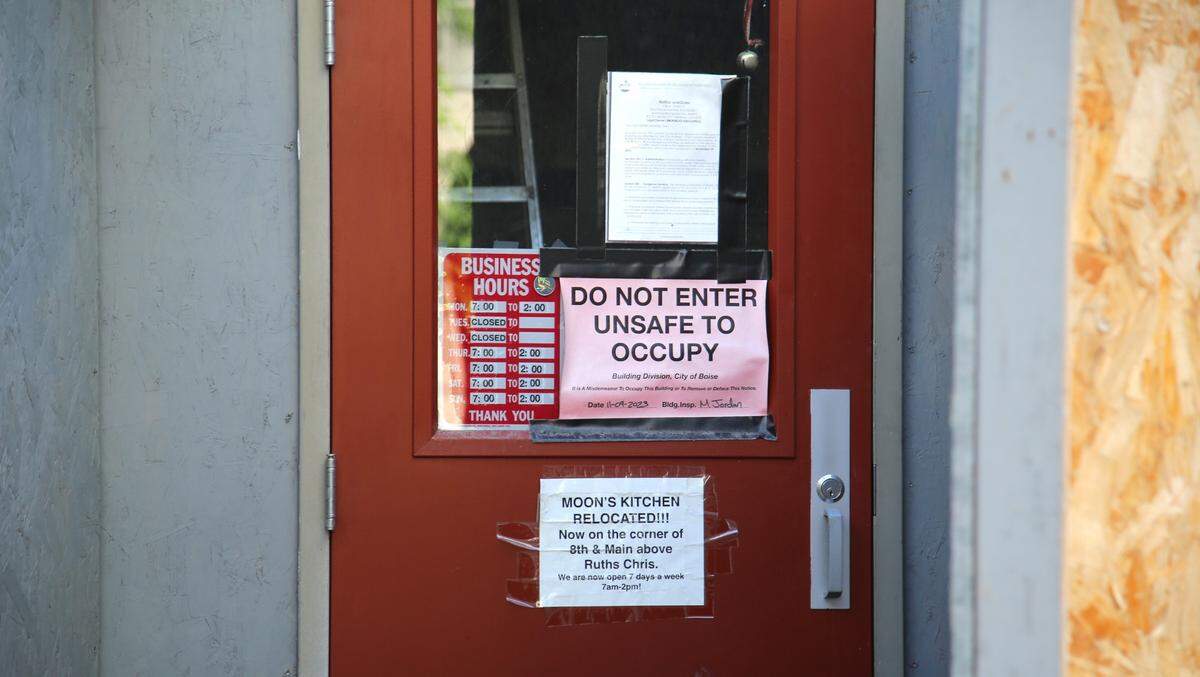 The former entrance to Moon’s Kitchen in the Union Block building in downtown Boise on June 11, 2024. Moon’s Kitchen moved to a new space in the Zions Bank building after the Union Block building was condemned by the city on Nov. 9, 2024.