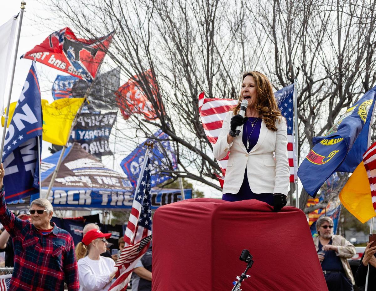 Idaho Lt. Gov. Janice McGeachin speaks at a rally to support semi-truckers and protest against COVID-19 vaccination mandates near the TA Travel Center and truck stop in Boise on March 2, 2022.